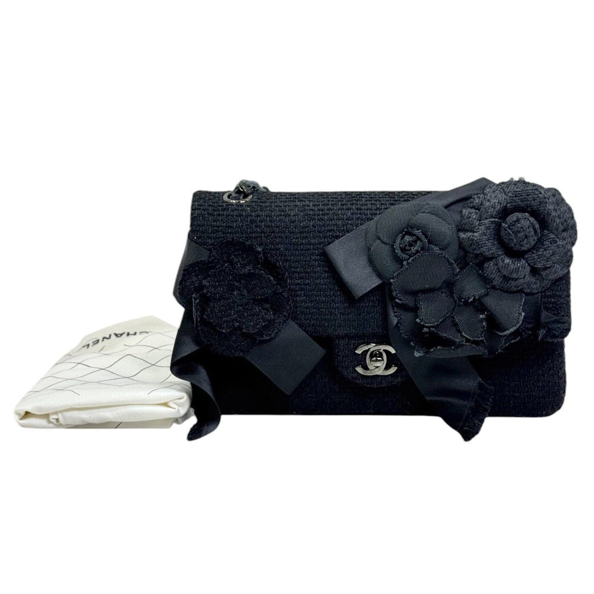 Chanel Medium Classic Flap Black Tweed With Flower