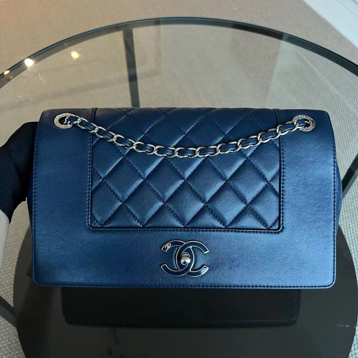 Mademoiselle Medium Seasonal Double Flap Calfskin Quilted Dark Navy Blue Series 23