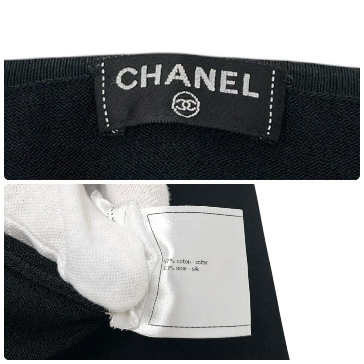 CHANEL Vintage P40676 CC Logo Knit Top T-shirt Rib Short Sleeve Black Cotton