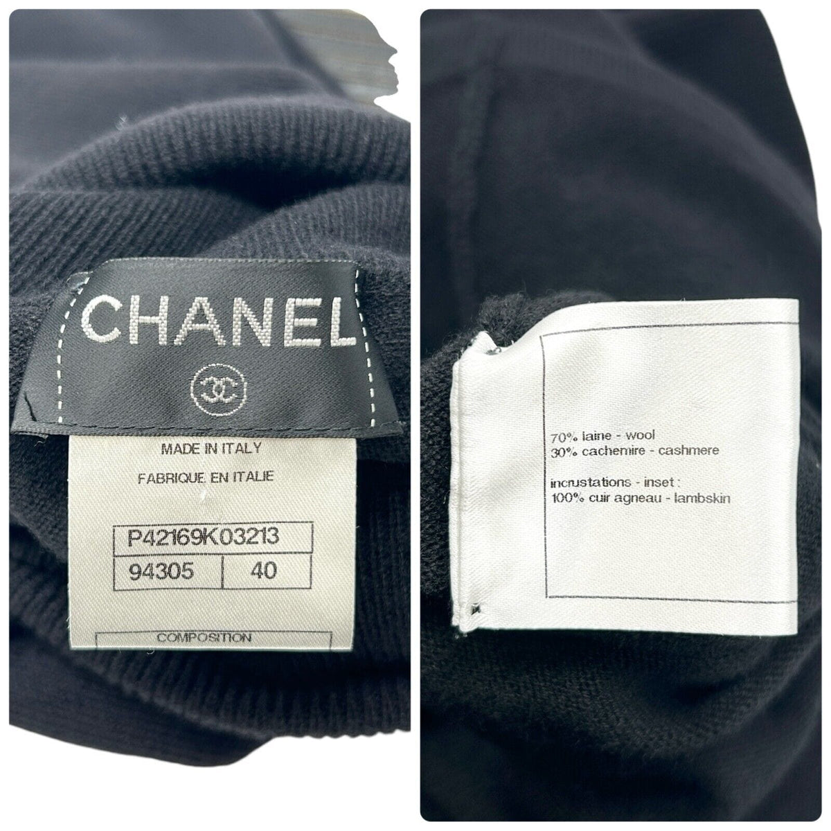 CHANEL Vintage P42169 CC Mark Logo Sweater Top #40 Black Wool Turtleneck