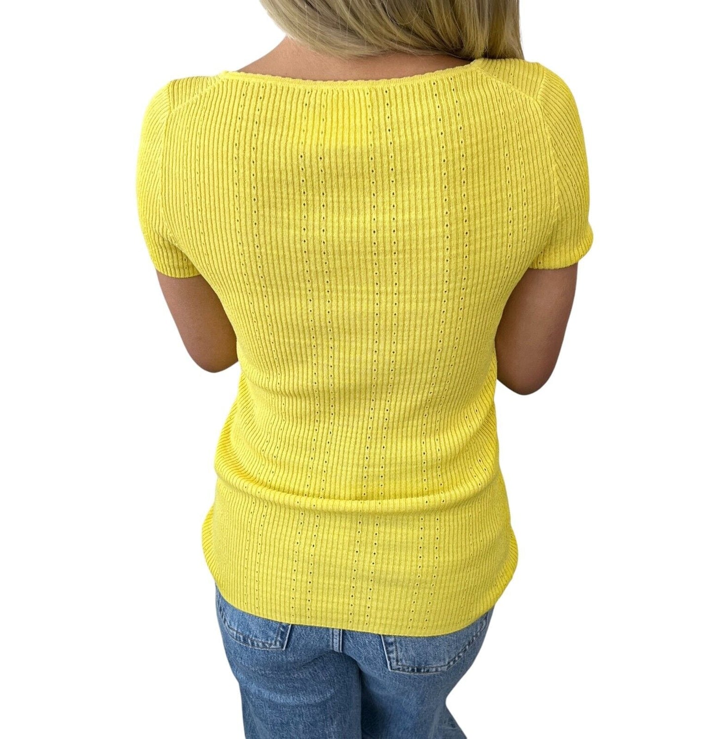 CHANEL 09P Vintage CC Logo Summer Knit Top #34 Yellow Cotton