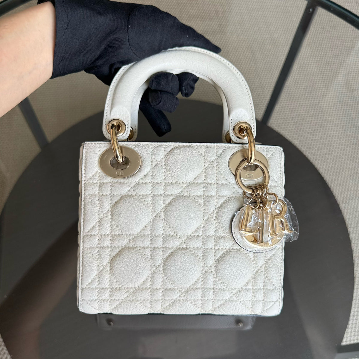Dior Lady Mini - Grained Calfskin Cannage White Gold Hardware