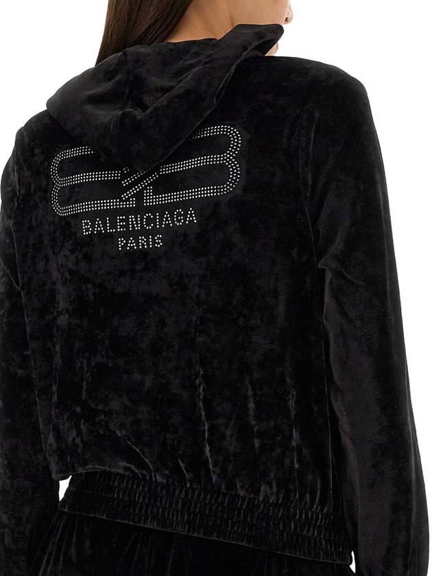 Luxury Balenciaga Women's BB Paris Strass Velvet Zip-Up Hoodie Black