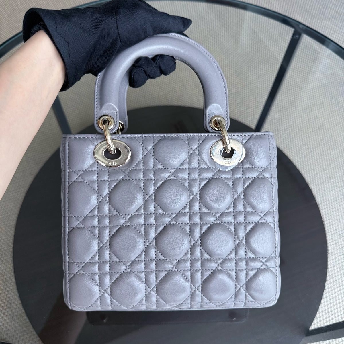 Dior Lady Small - Cannage Lambskin Grey Gray Gold Hardware