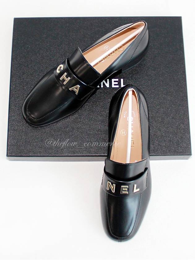Gold Lettering Moccasin Loafers Black Chanel