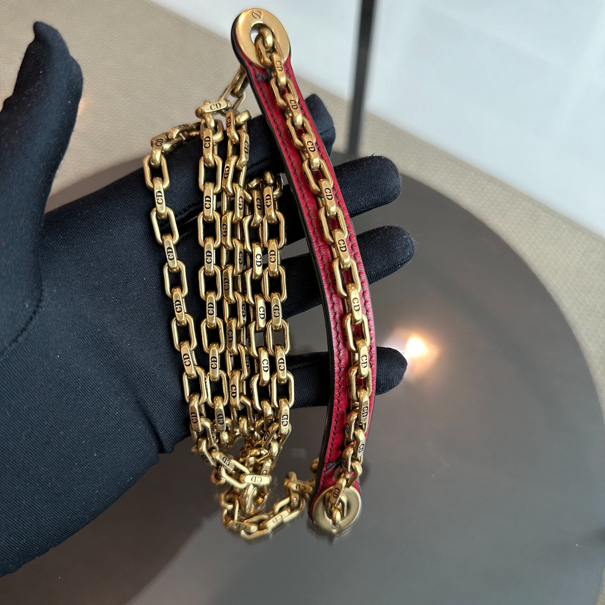 Lady Mini Lambskin Studded Chain Strap Red GHW