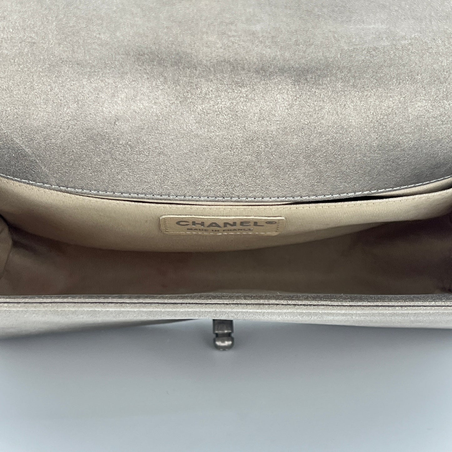 Boy Medium Grey Crossbody Bag in Calfskin, Ruthenium hardware