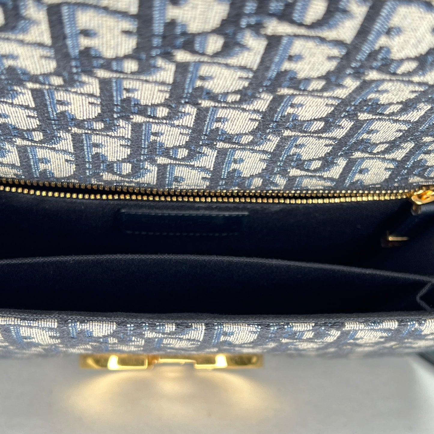 30 Montaigne Navy Shoulder Bag in Jacquard, Gold hardware