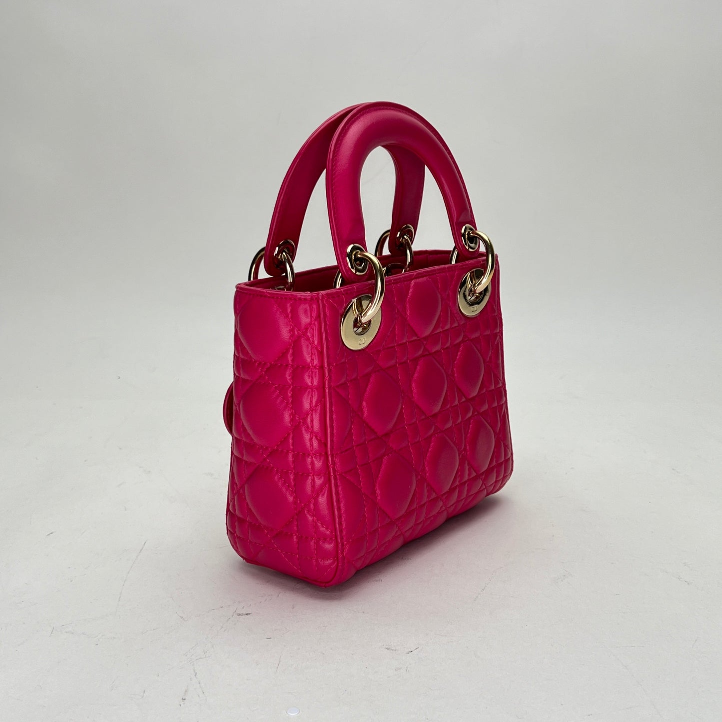 Lady Dior Mini Pink Top Handle Bag in Lambskin, Light Gold hardware