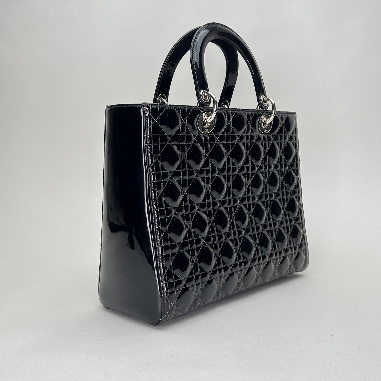 Lady Dior Large Black Top Handle Bag in Patent Leather, Silver hardware