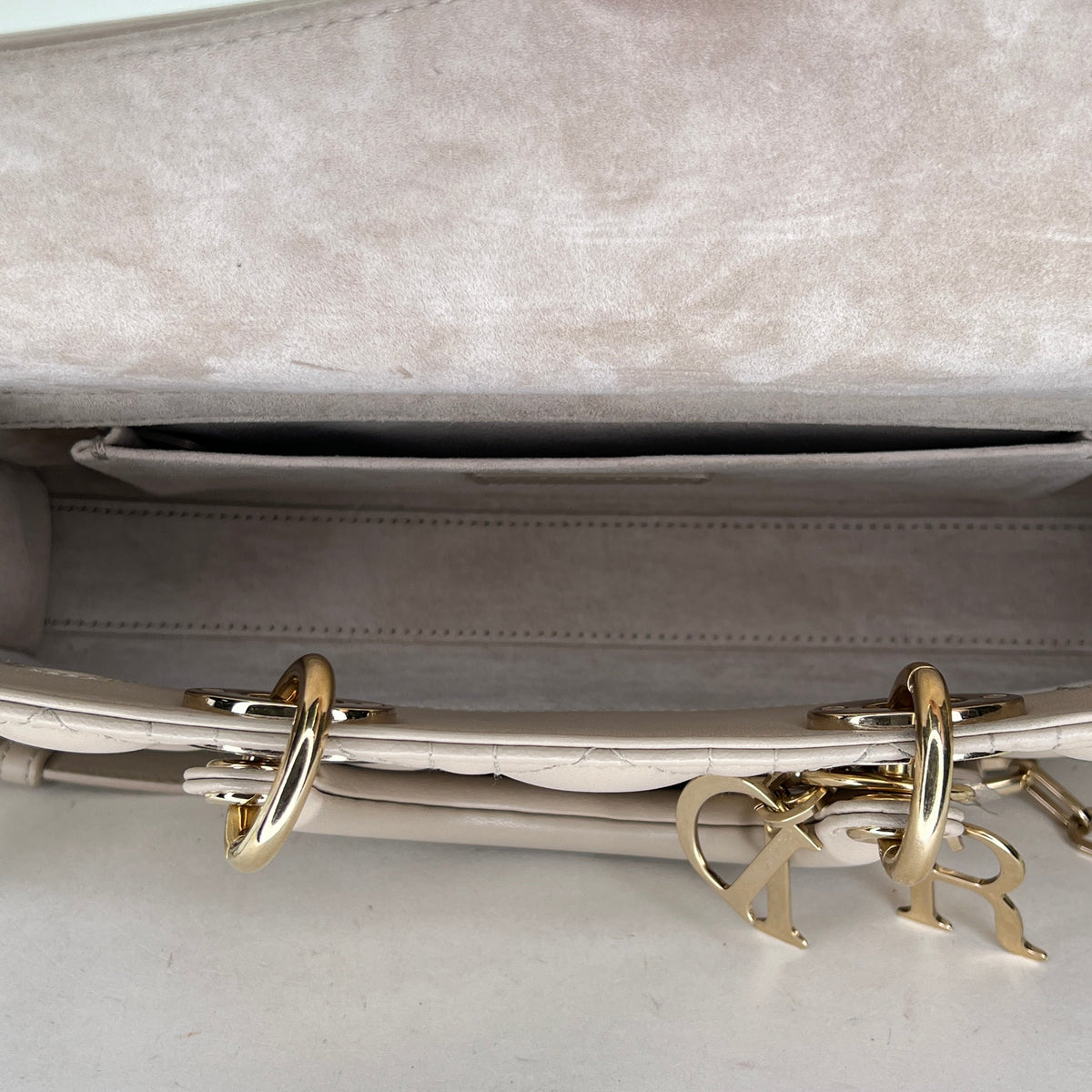 Lady d-joy Medium Beige Top Handle Bag in Lambskin, Light Gold hardware