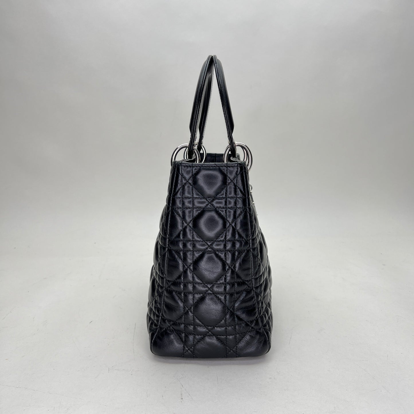 Lady Dior Medium Black Top Handle Bag in Lambskin, Silver hardware