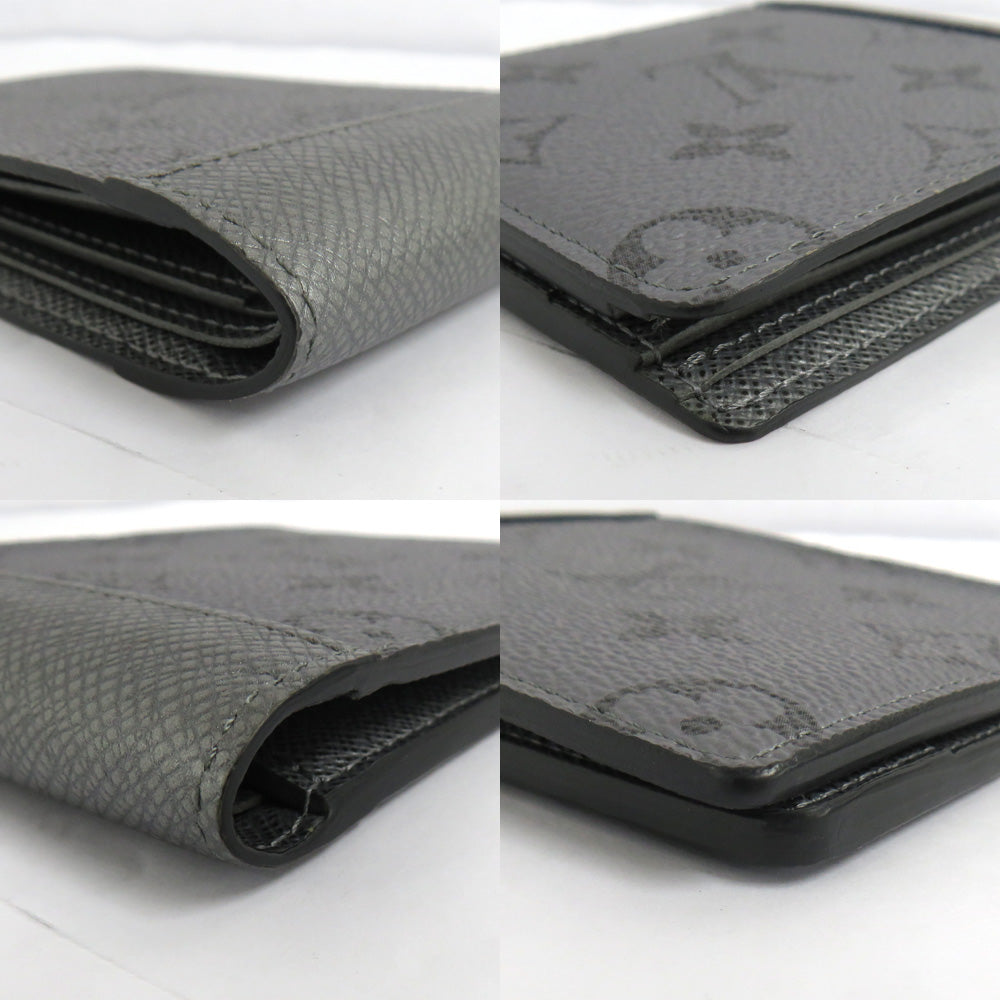 Louis Vuitton Portefolio Multipur M30843 Monogram Taiga Double Fold Wallet Silver Gr Card Compact Coinless Leather Mens Unisex