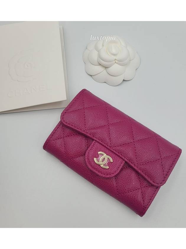 Classic Grained Shiny Calfskin Card Wallet Dark Pink Chanel