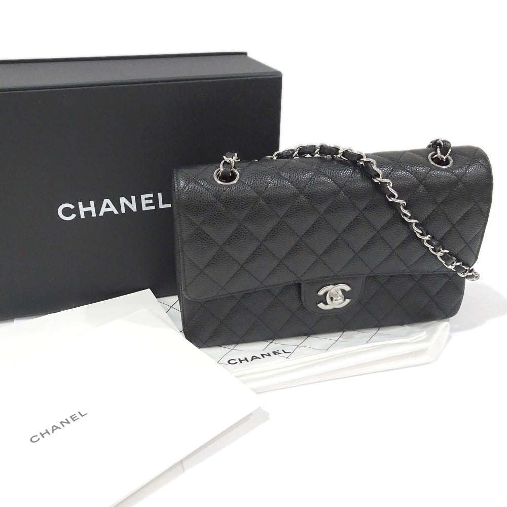 CHANEL Matrasse 25 Classic Handbag W Flap Bag A01112 Black Silver Green S Caviar Skin Shoulder Bag New