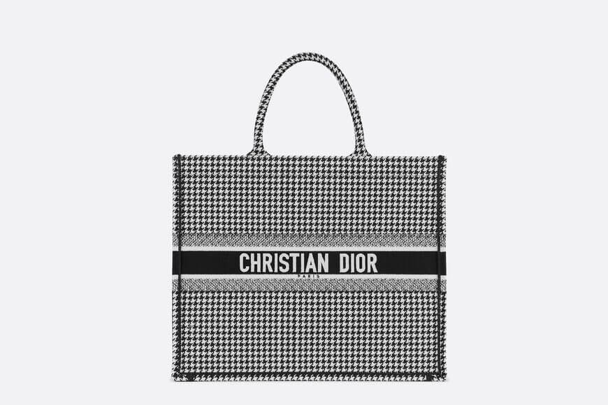 Dior r Book Tote Black and White Houndstooth Embroidery
