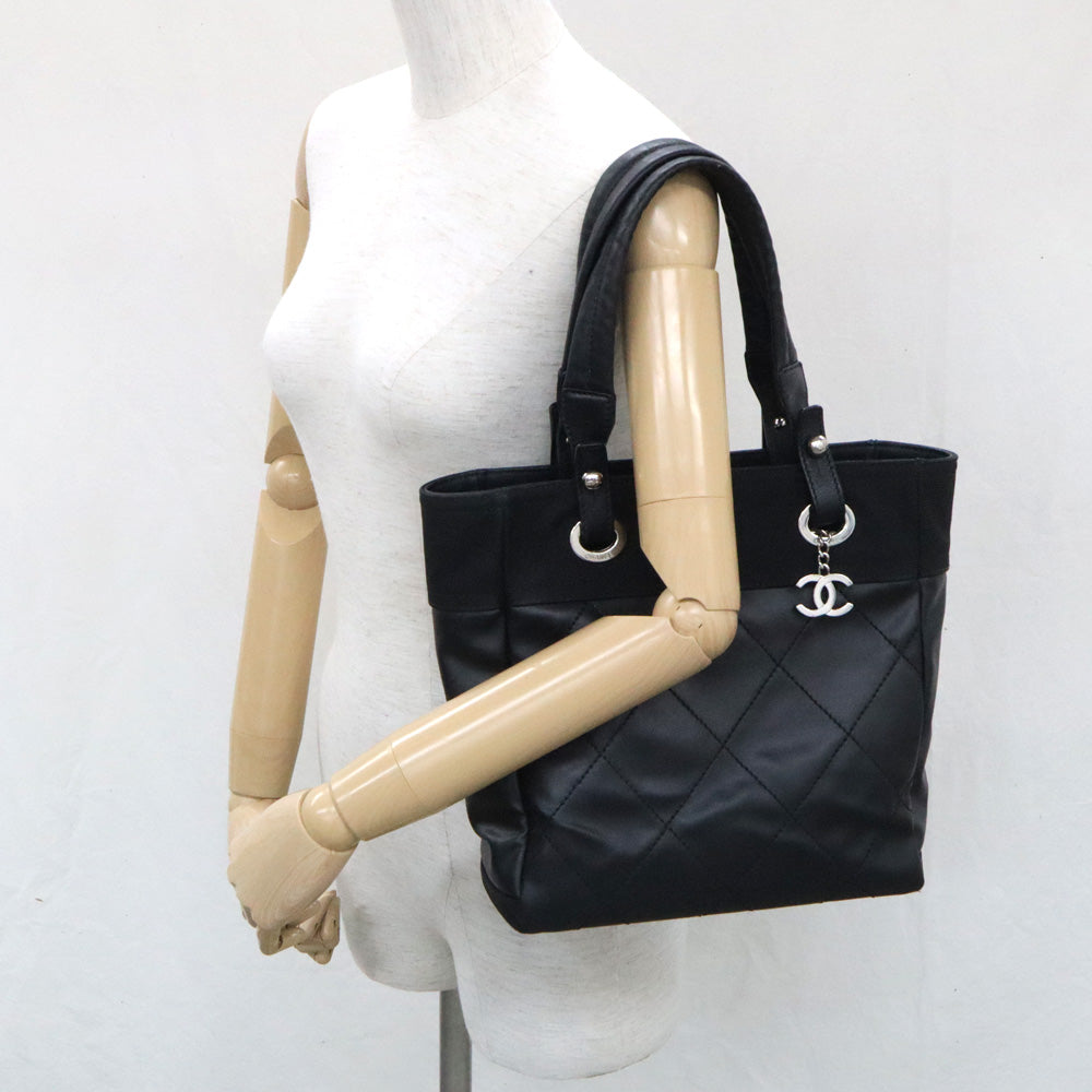 CHANEL CHANEL PARIBIARITZ TOTO PM A34208 Black Silver G Leather 14th Handbag Black Bag