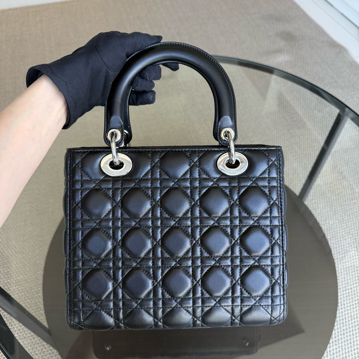 Dior Lady Medium - Cannage Lambskin Black Silver Hardware
