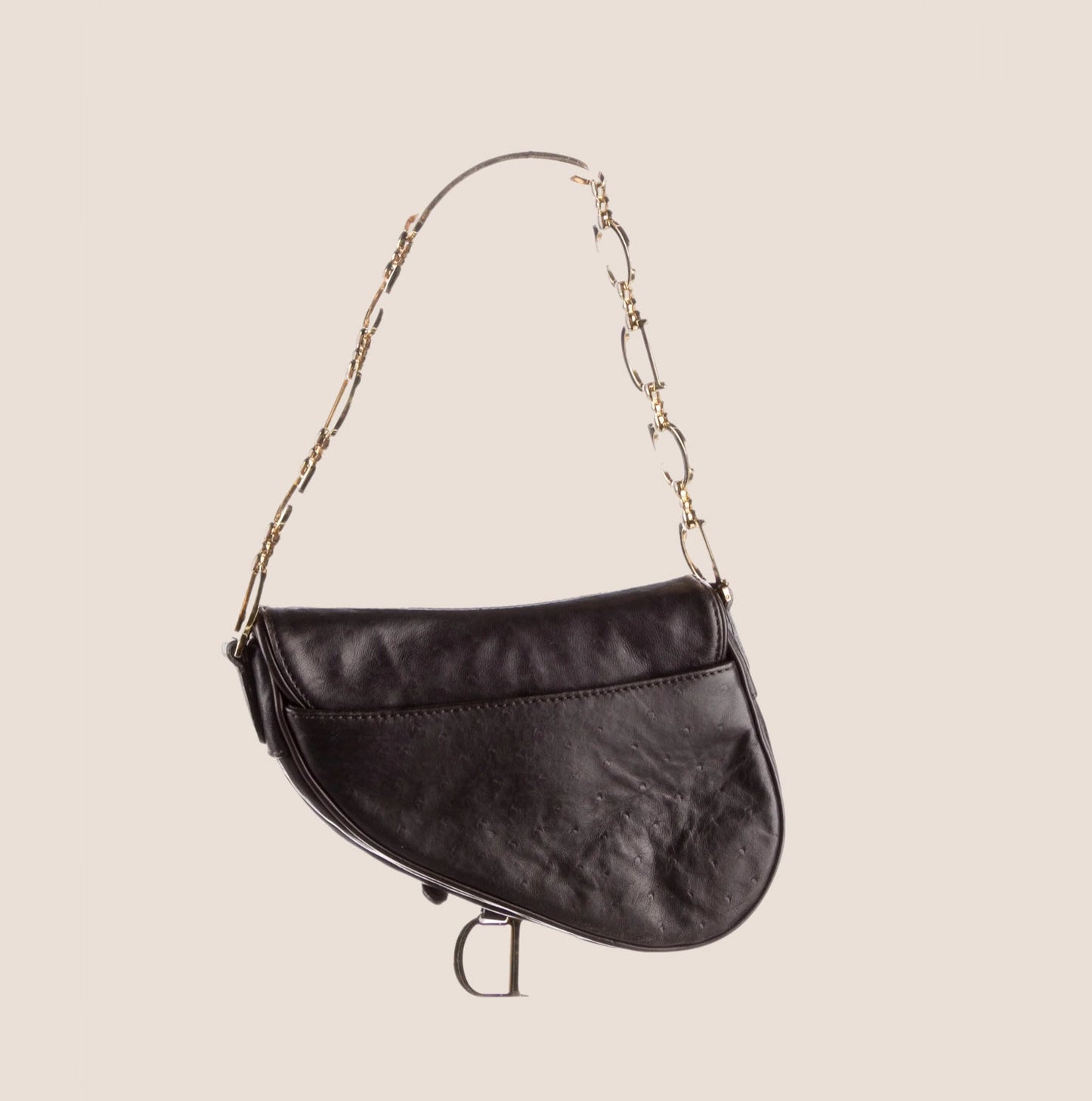 CHRISTIAN DIOR 2000 BROWN OSTRICH LEATHER CHAIN SADDLE BAG