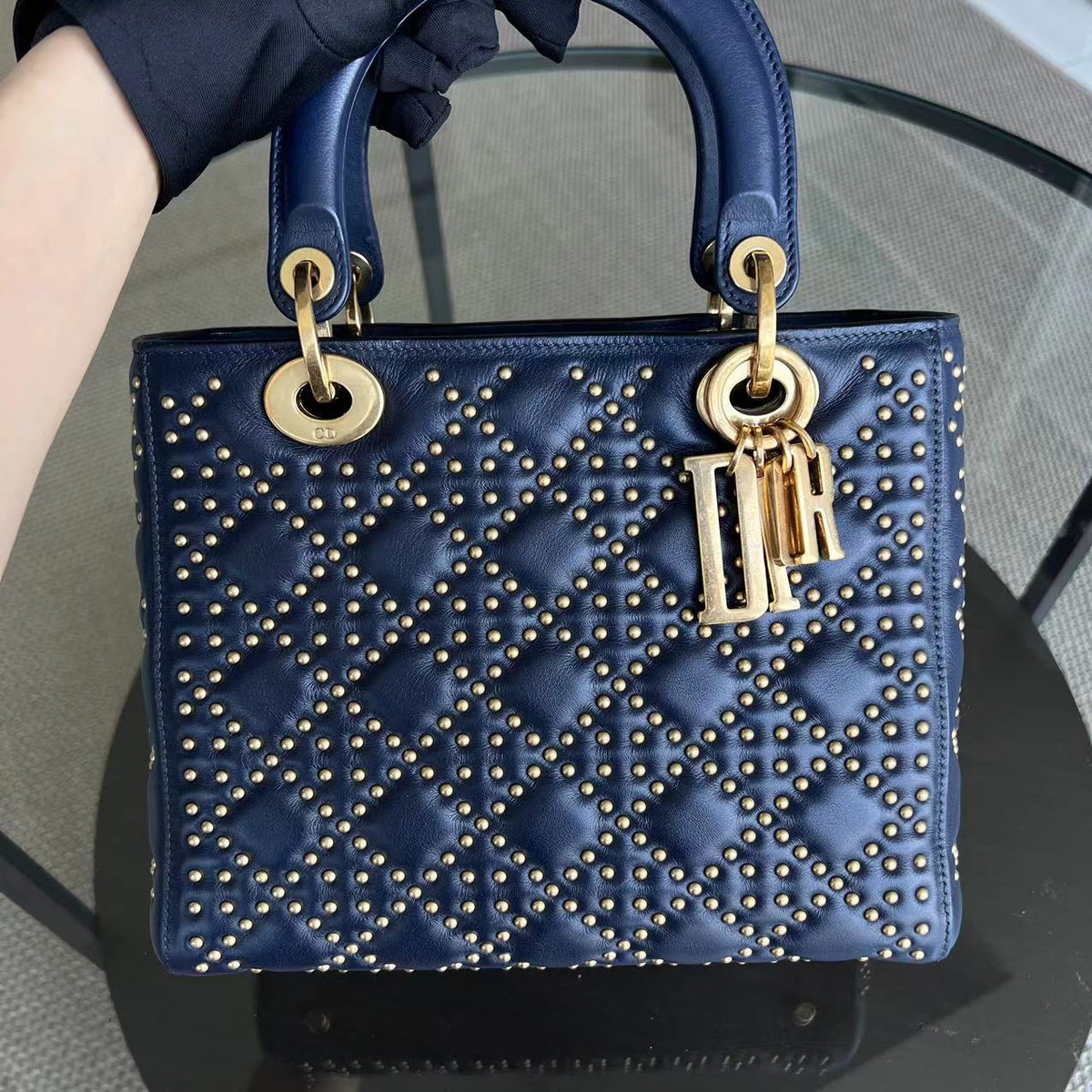 *Flap Version* Lady Medium Studded Calfskin Dark Blue Golden Hardware