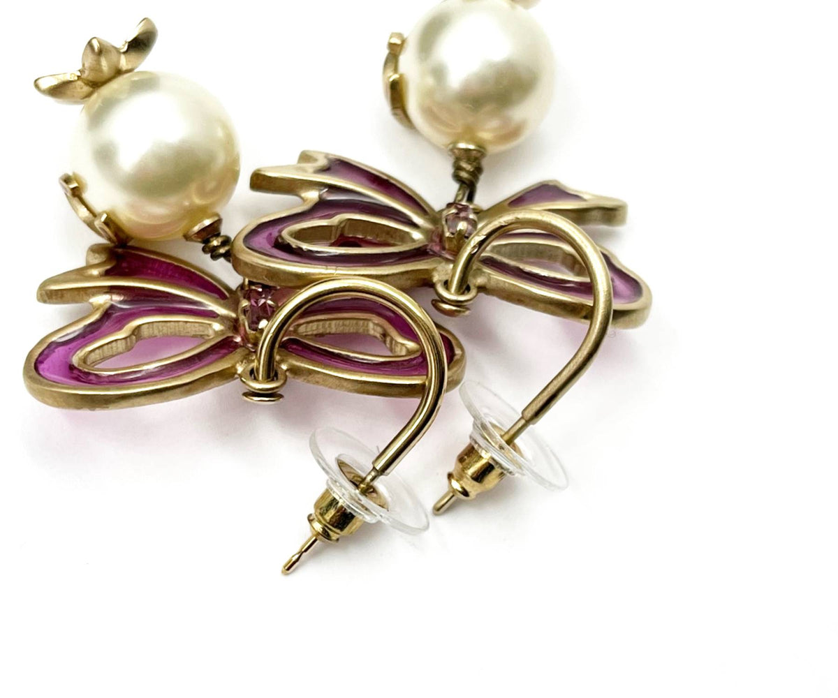 Top Quality Chanel Gold Fuchsia Ribbon Bow CC Pearl Dangle Hoop Earrings