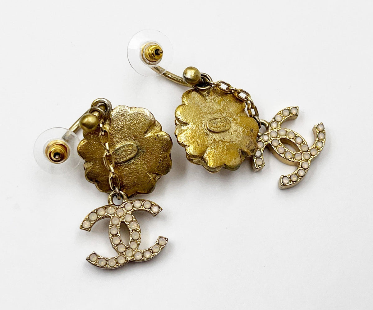 Top Quality Chanel Gold Camellia Flower CC Opal Crystal Dangle Piercing Earrings