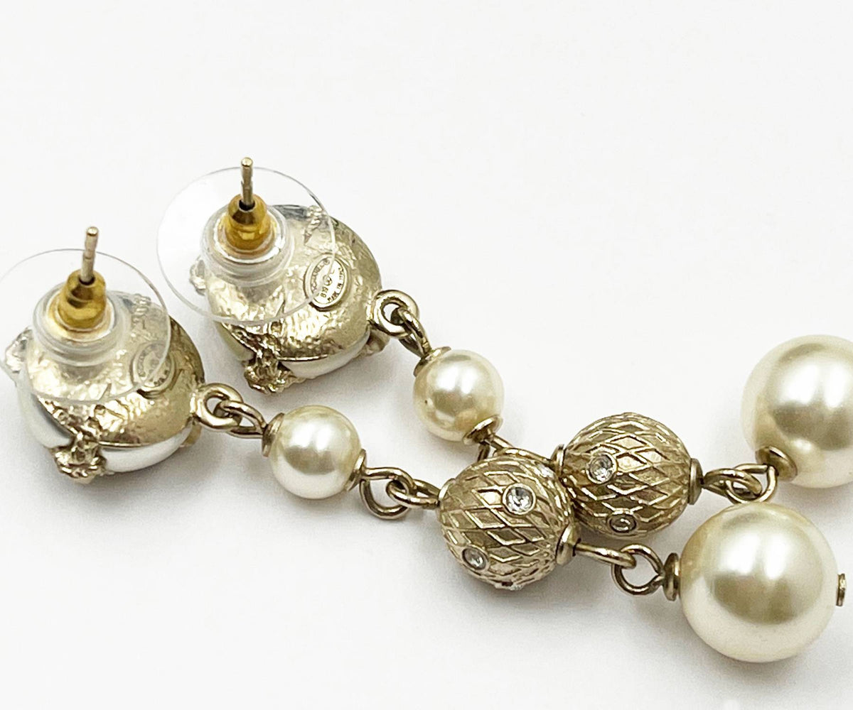 Top Quality Chanel Gold CC Argyle Pearl Ball Long Dangle Piercing