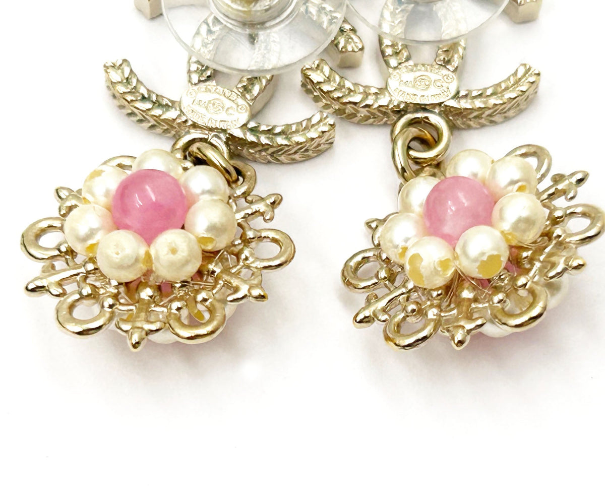 Top Quality Chanel Gold CC Pink Bead Pearl Wheel Piercing Earrings