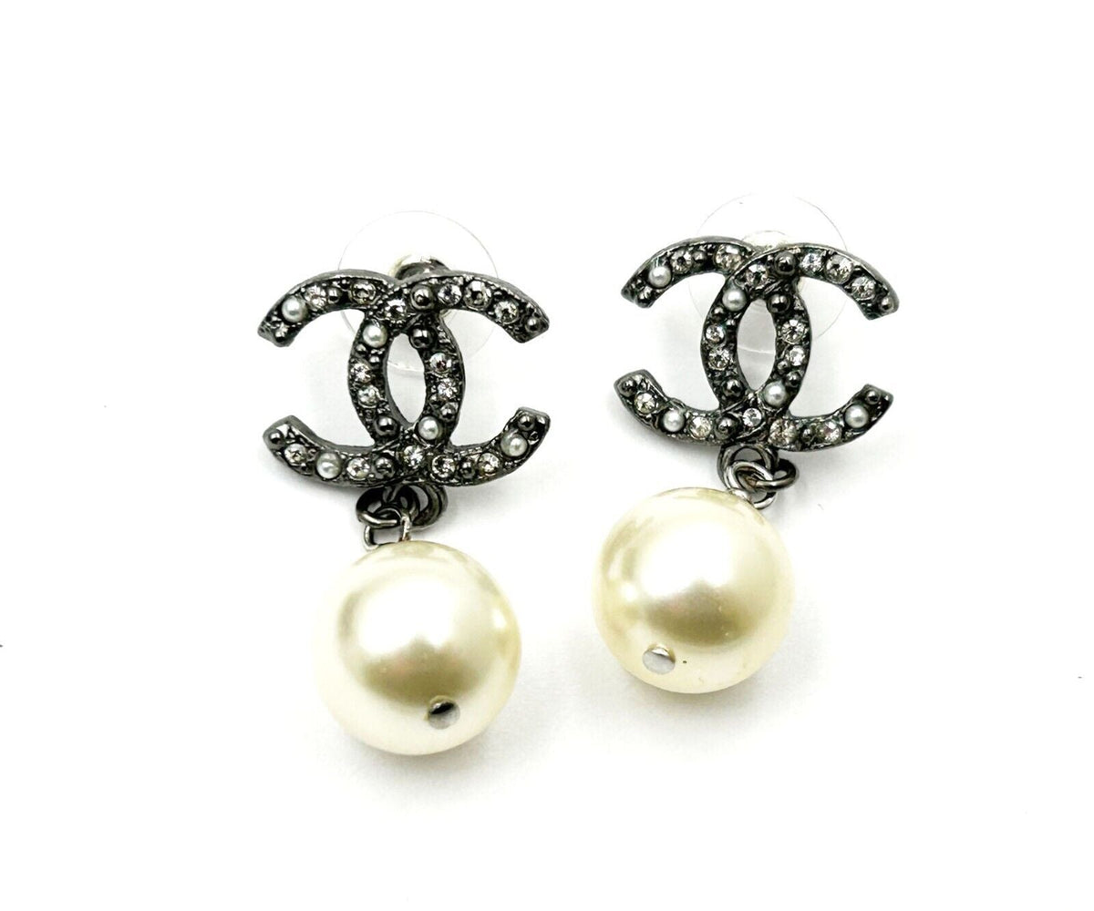 Top Quality Chanel Gunmetal CC Crystal Pearl Dangle Piercing Earrings