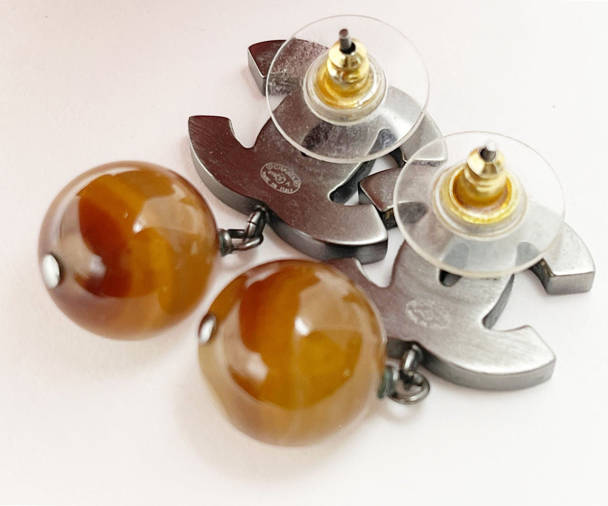 CHANEL Silver CC Petrified Wood CC Dangle Piercing Earrings