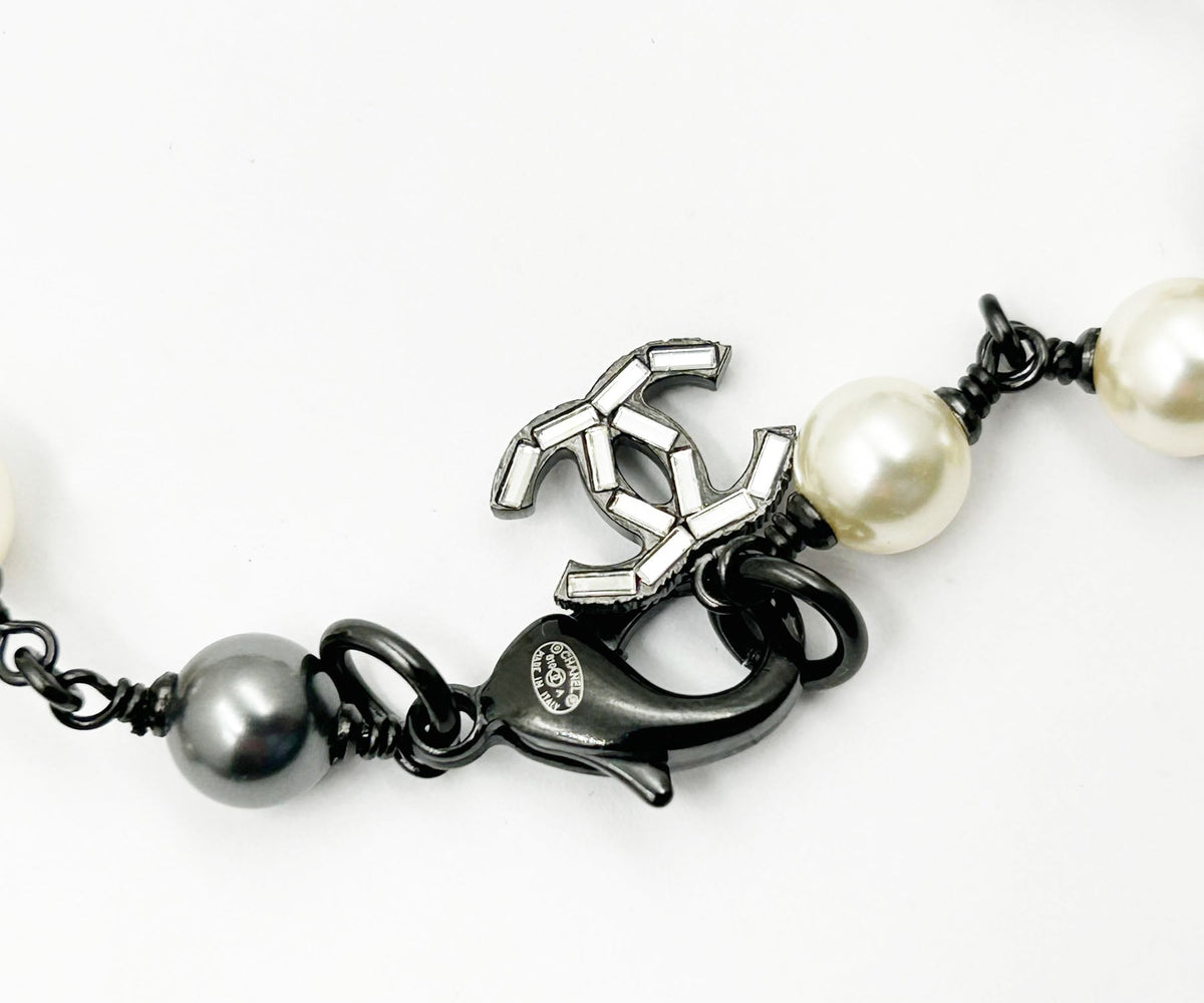 Top Quality Chanel Gunmetal CC Snowflake Baguette Crystal 2 Strand Pearl Long Necklace