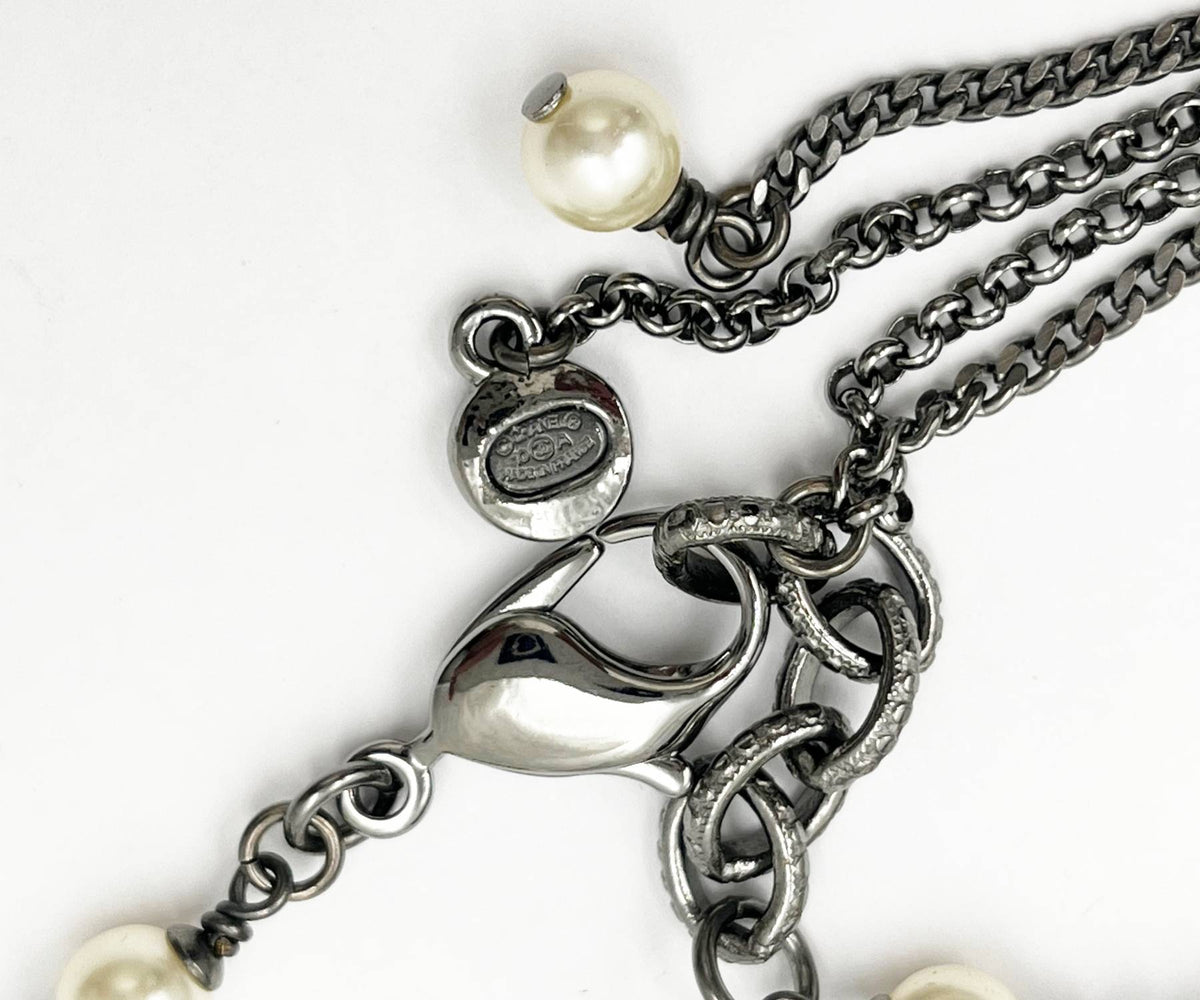 Top Quality Chanel Gunmetal Pearl Dangling Chain Long Necklace