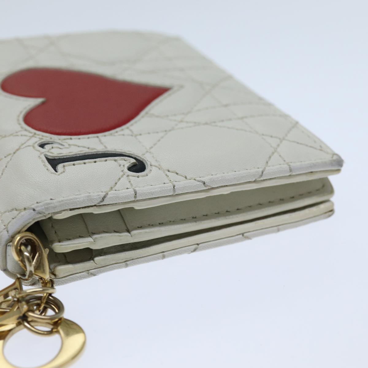 CHRISTIAN DIOR Lady Dior Canage Amur Bifold Wallet Lamb Skin White Auth hk1281