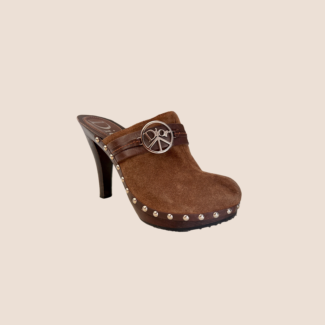 CHRISTIAN DIOR 2005 BROWN SUEDE STUDDED CLOGS