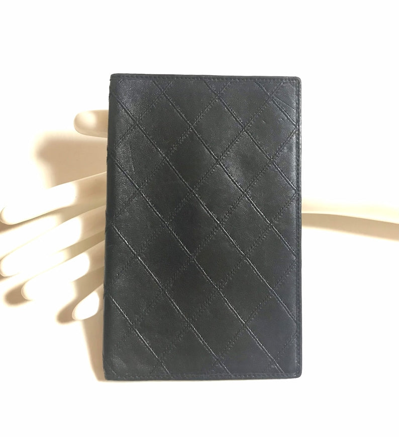 Chanel Vintage black stitched leather book cover, diary cover, checkbook case etc