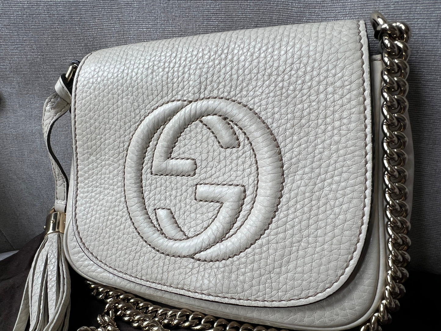 Gucci White Mini Soho Chain Crossbody Flap Bag