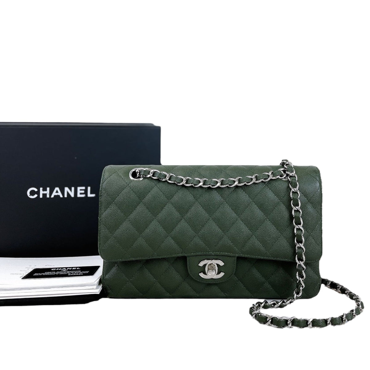 Medium Classic Double Flap Caviar Green SHW