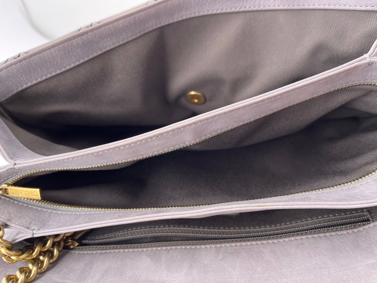 Chanel Powder Grey Suede Quilted Flap Bag with Gold Hardware