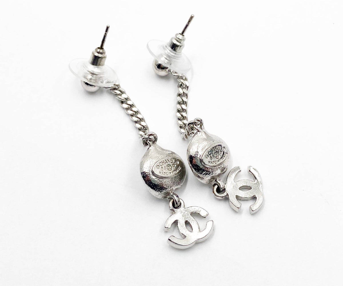 Top Quality Chanel Ivory Enamel Camellia CC Crystal Chain Dangle Piercing Earrings