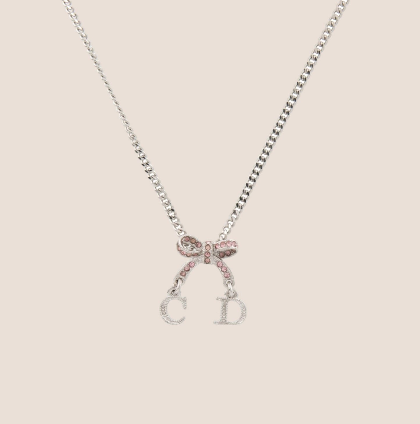 CHRISTIAN DIOR PINK CRYSTAL INITIAL BOW PENDANT NECKLACE