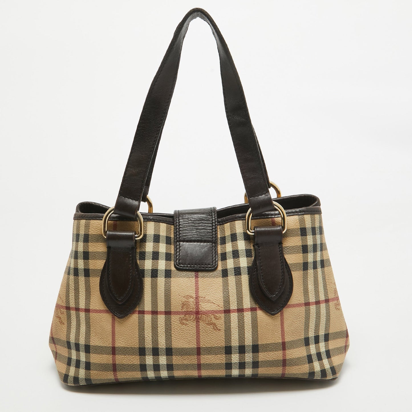 BURBERRY Beige/Brown Haymarket PVC and Leather Buckle Flap Tote