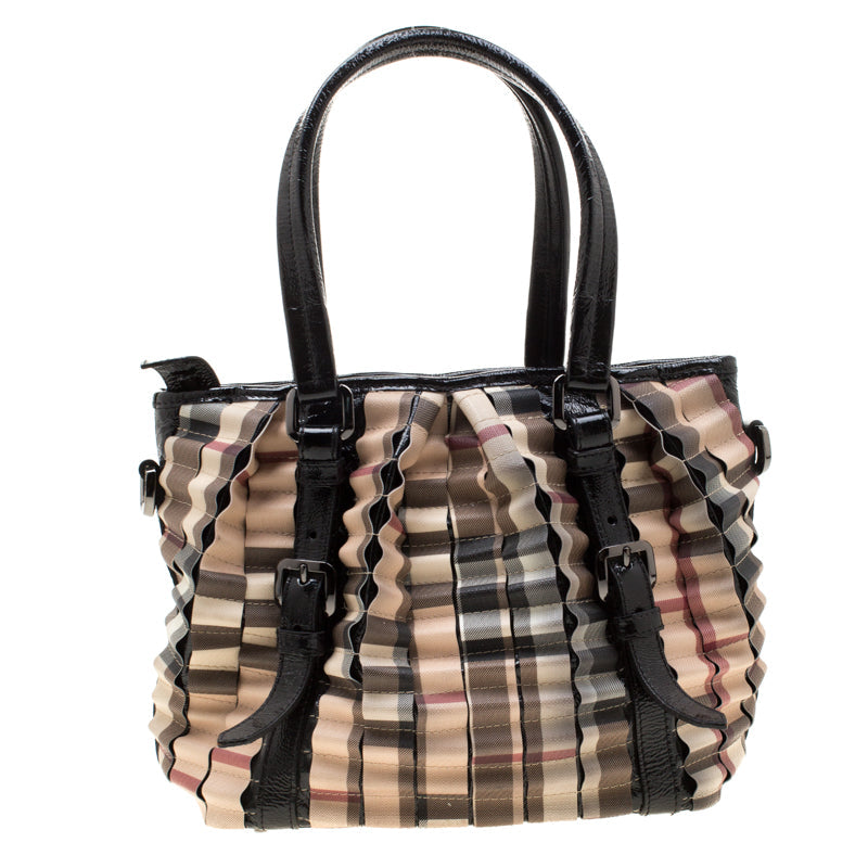 Burberry Black/Beige Nova Check PVC and Patent Leather Cartridge Pleat Tote