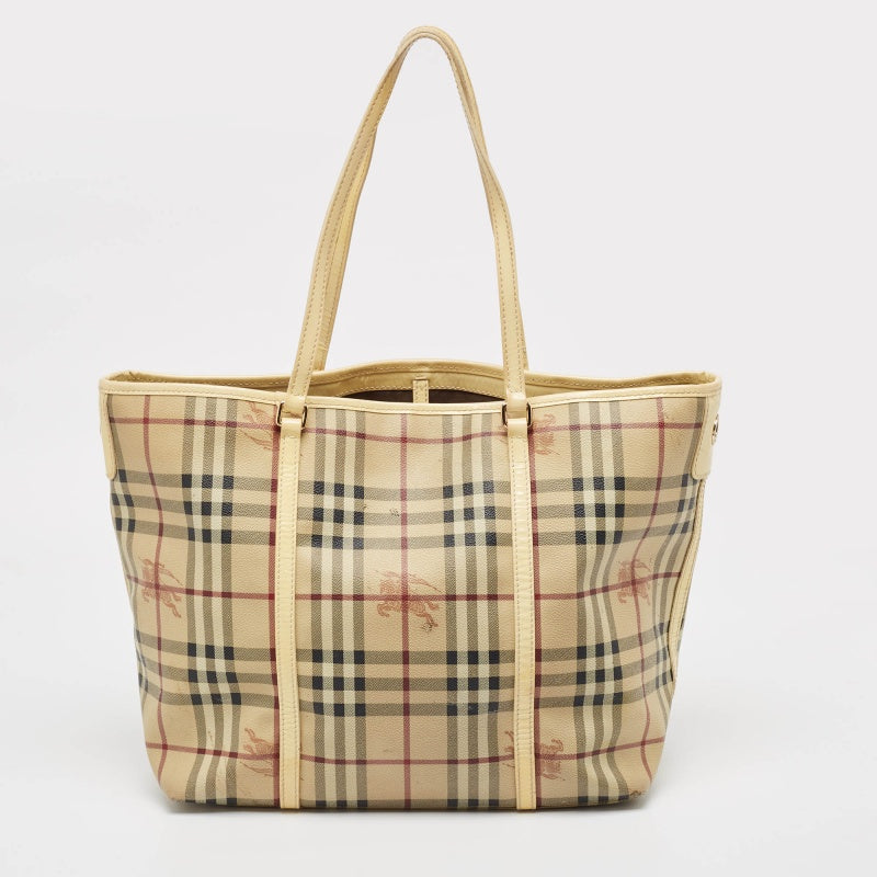BURBERRY Light Yellow/Beige Haymarket PVC and Patent Leather Open Tote