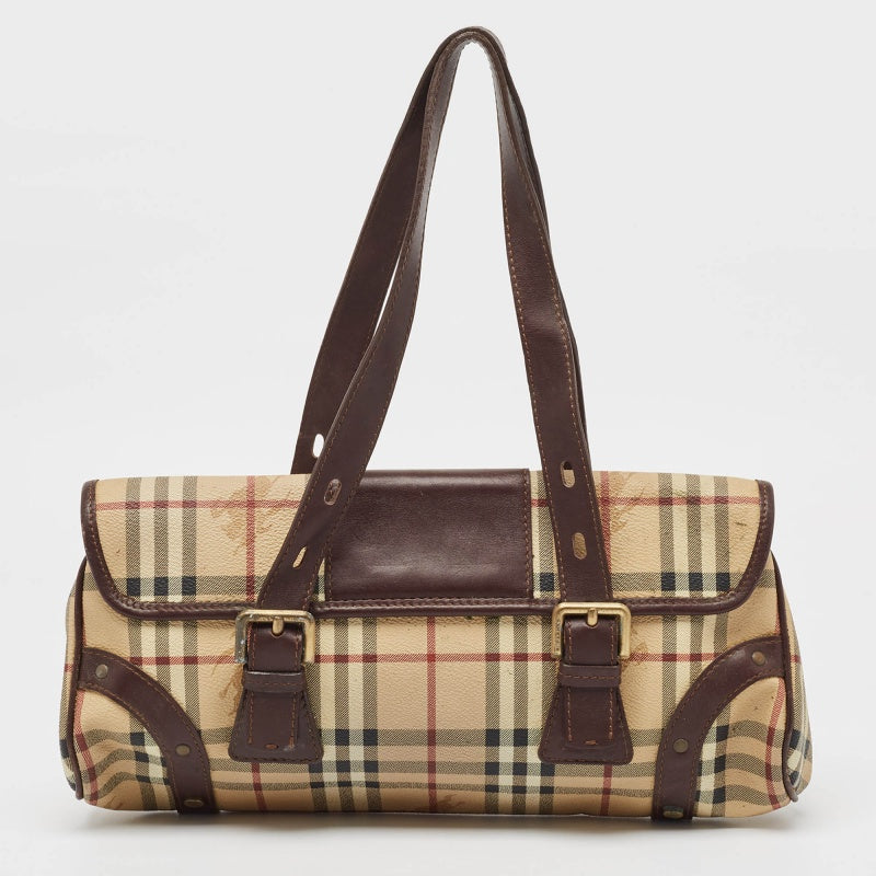 BURBERRY Brown/Beige House Check PVC and Leather Buckle Flap Bag
