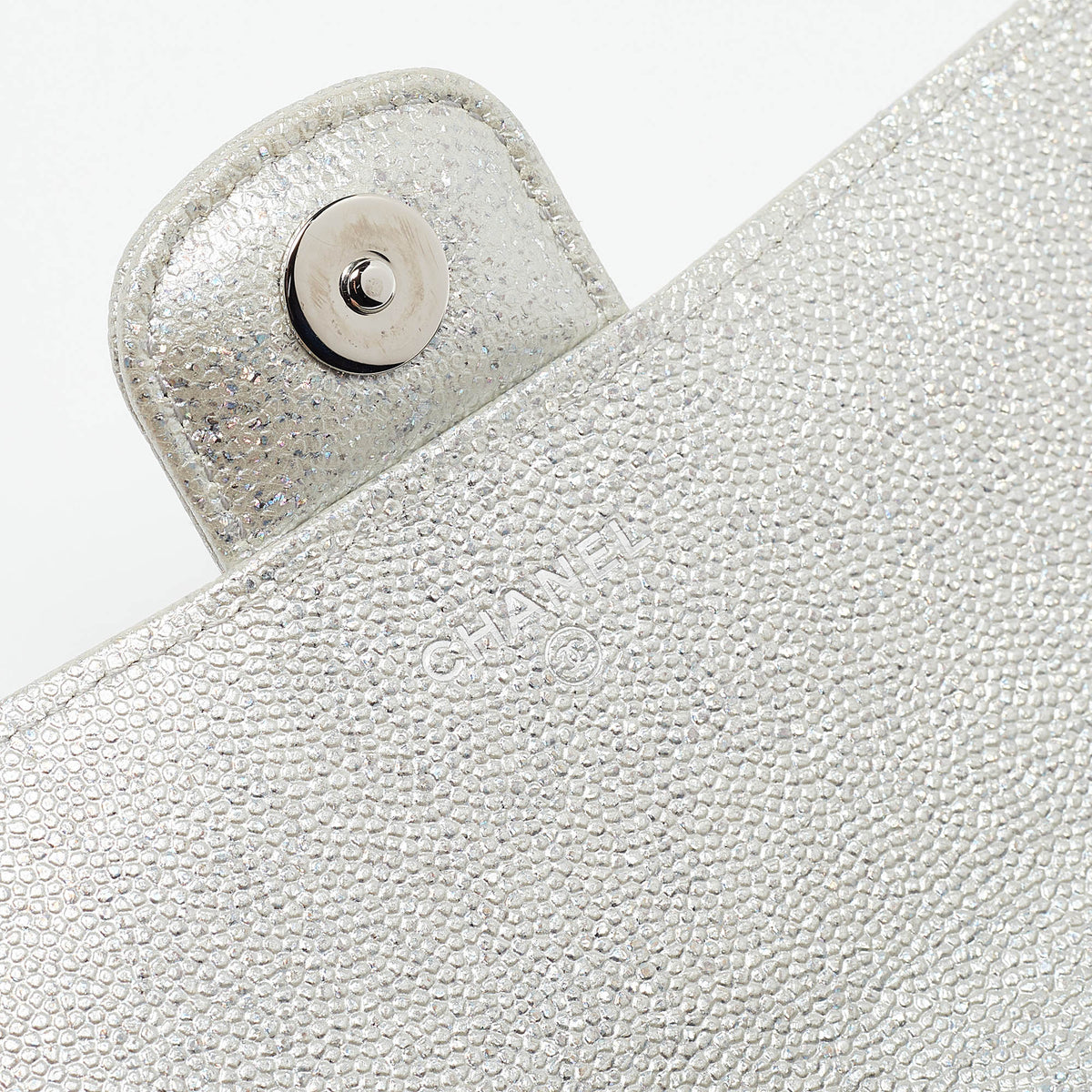 CHANEL Silver Iridescent Caviar Quilted Leather Glassed Case with Chain