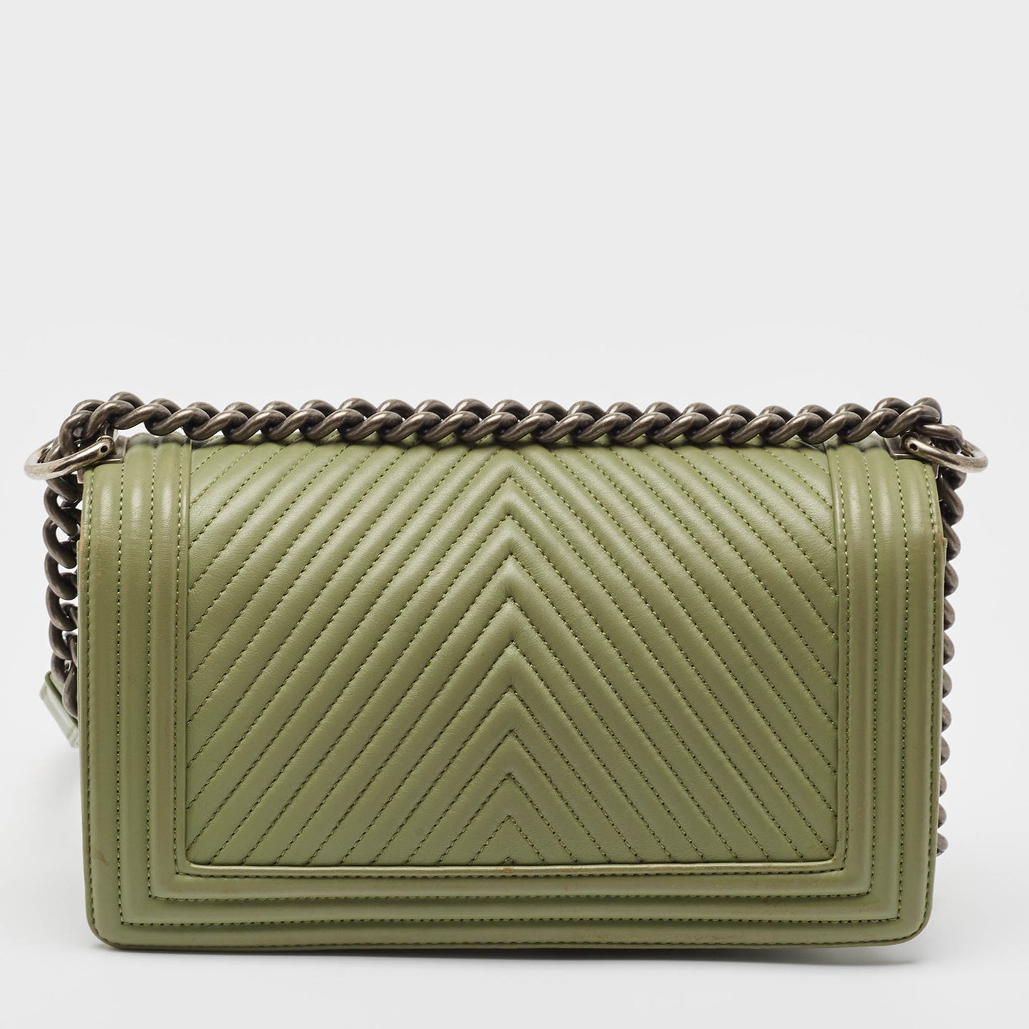 CHANEL Green Chevron Leather Medium Boy Flap Bag