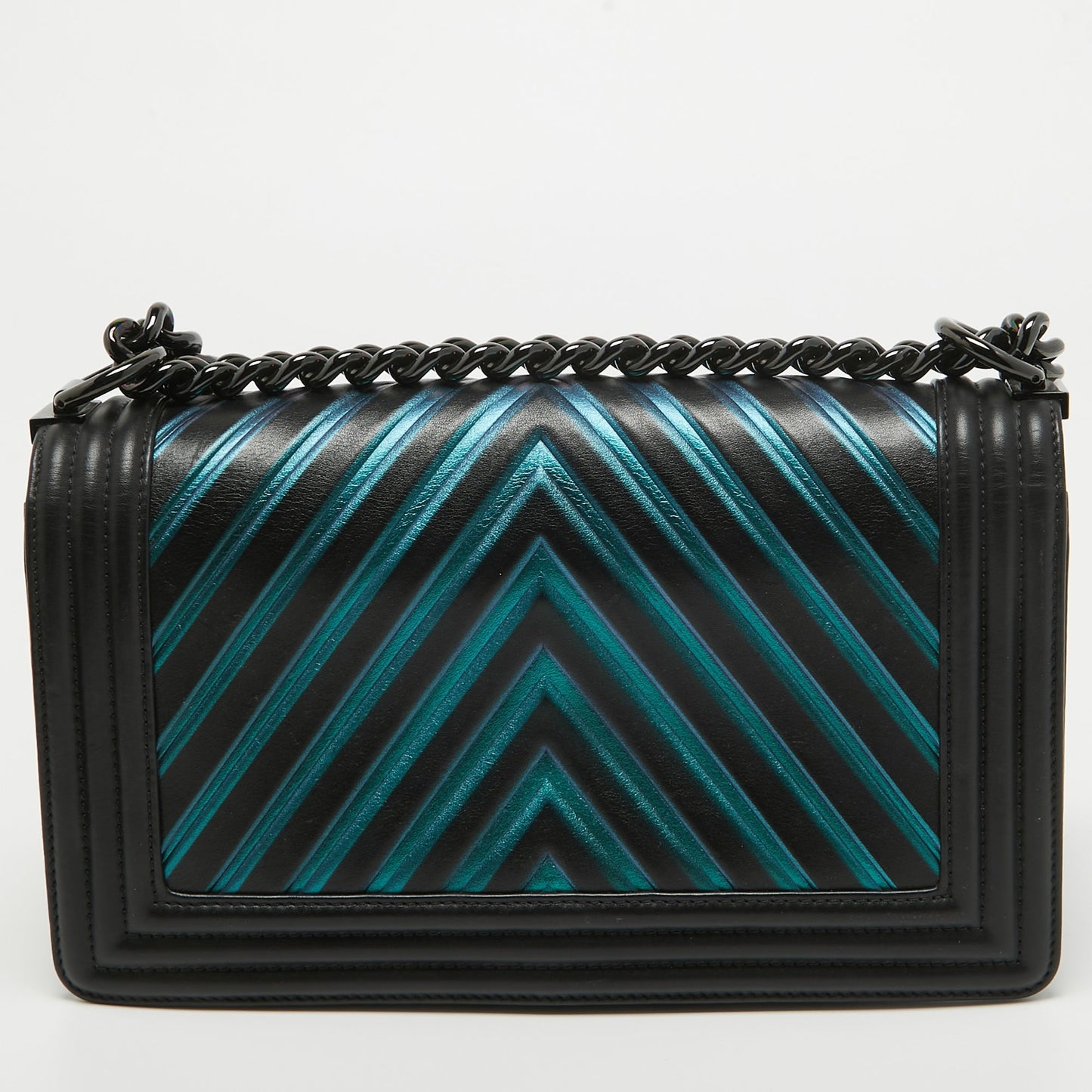CHANEL Black/Holographic Chevron Leather Medium Boy Flap Bag