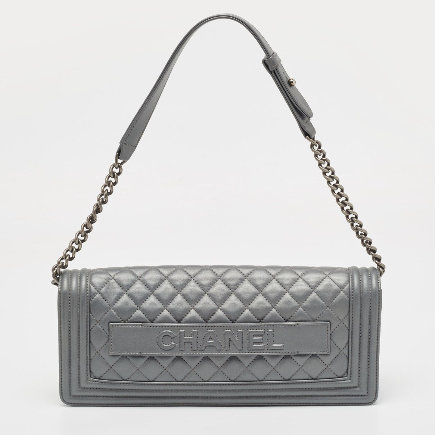 CHANEL Grey Quilted Leather East West Boy Bag