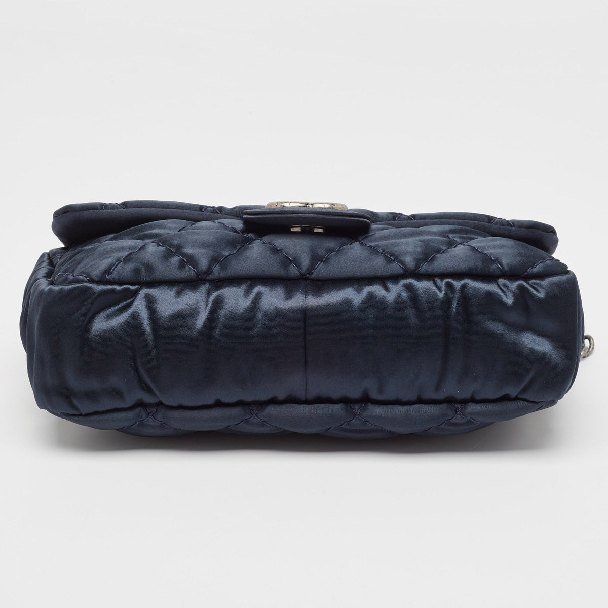 CHANEL Navy Blue Quilted Satin Medium Classic Single Flap Bag