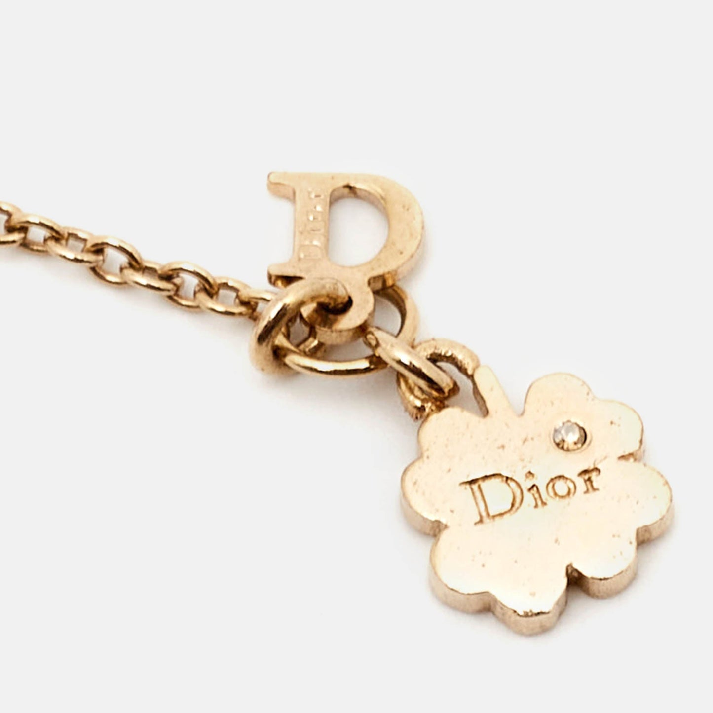 DIOR Crystal Heart Clover Charms Gold ToneChain Necklace